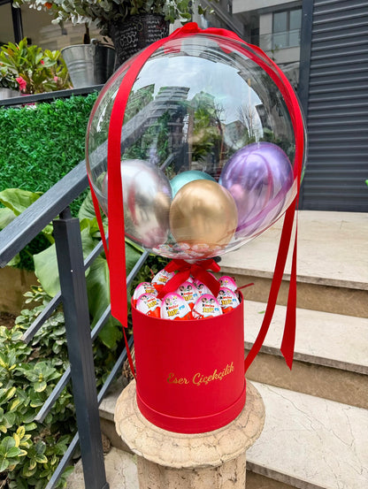 Kırmızı Kutuda Kinder Joy Balon Aranjmanı