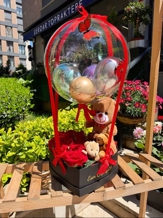 Kırmızı Güller ve Ayıcıklar Balon Kutusu