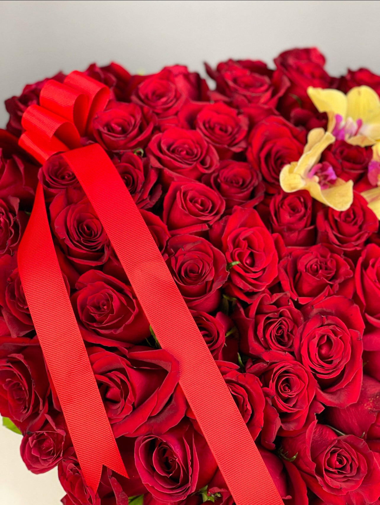 Romantik kalp şeklinde düzenlenmiş, 70-80 kırmızı gül ve 3 orkide kandilli aranjman.